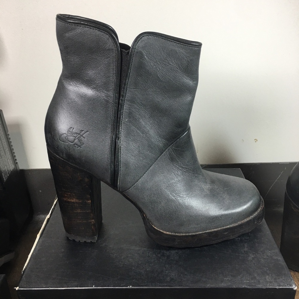 Fluevog gray booties with wood heel
